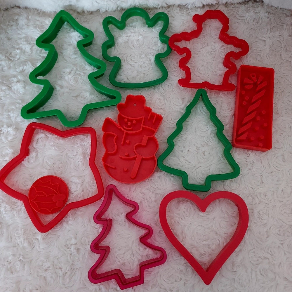 Set of Plastic Cookie cutters and stamps 10 pieces Holiday Baking Xmas